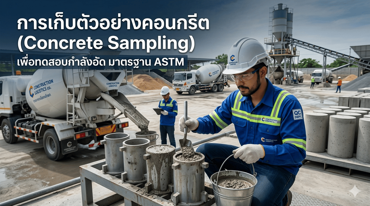 ขั้นตอนการเก็บตัวอย่างคอนกรีตหรือการทำก้อนปูน ทั้งแบบทรงลูกบาศก์และทรงกระบอก เพื่อทดสอบกำลังอัดตามมาตรฐาน ASTM C31/C39 พร้อมภาพประกอบ