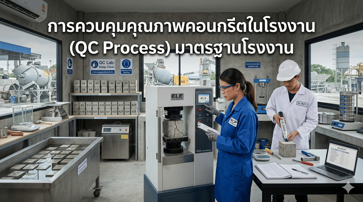 เจาะลึกกระบวนการควบคุมคุณภาพคอนกรีตในโรงงาน (Quality Control) ตั้งแต่การคัดเลือกวัตถุดิบ การออกแบบส่วนผสม การผลิต การทดสอบ จนถึงการจัดส่ง เพื่อให้ได้คอนกรีตคุณภาพสูง